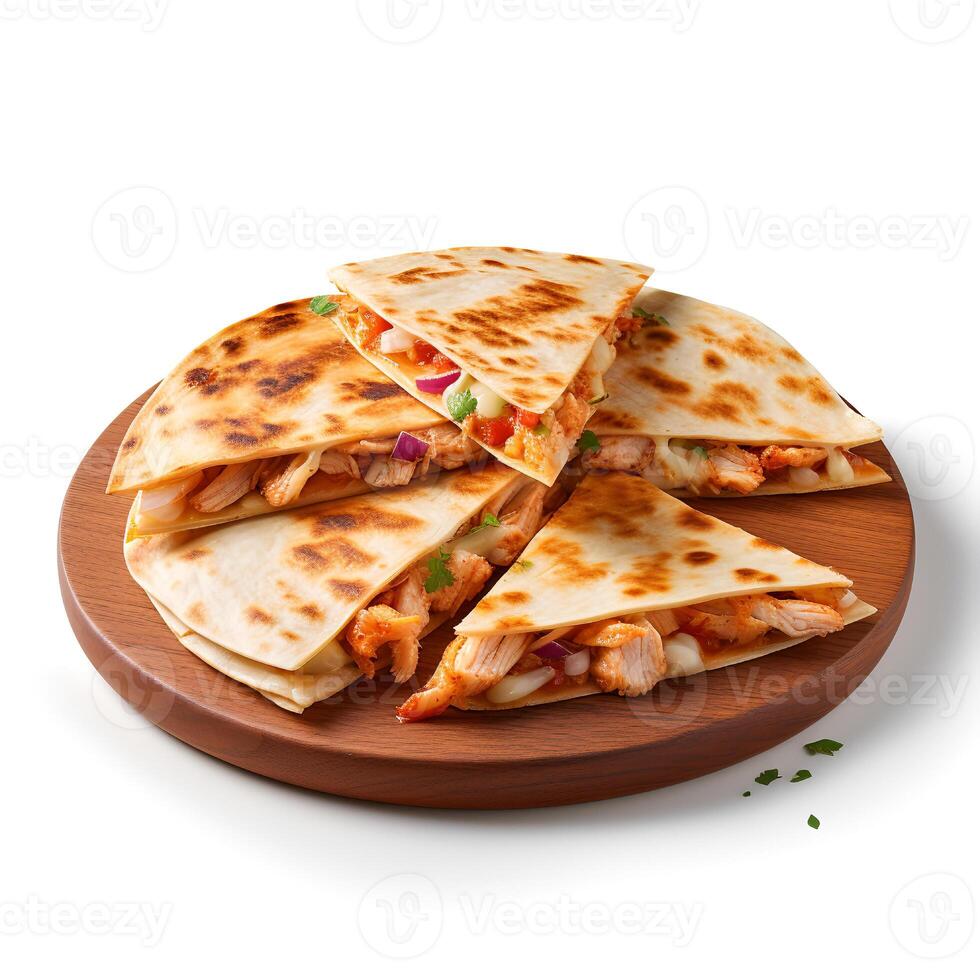 Photo of Chicken Quesadilla on wooden board isolated on white background. Created by Generative AI