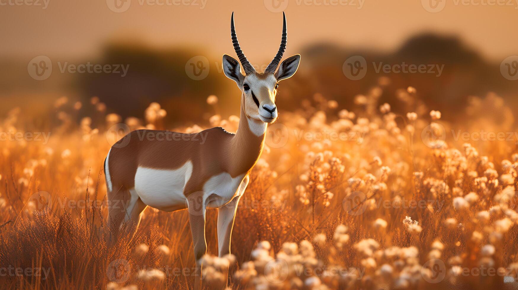 Photo of Springbok on savanna at sunset. Generative AI