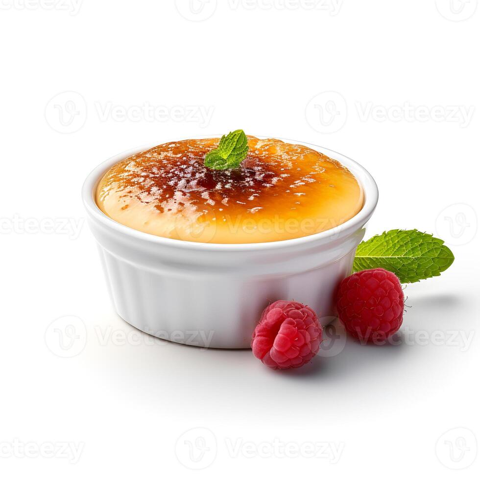 Photo of Creme Brulee with berries isolated on white background. Created by