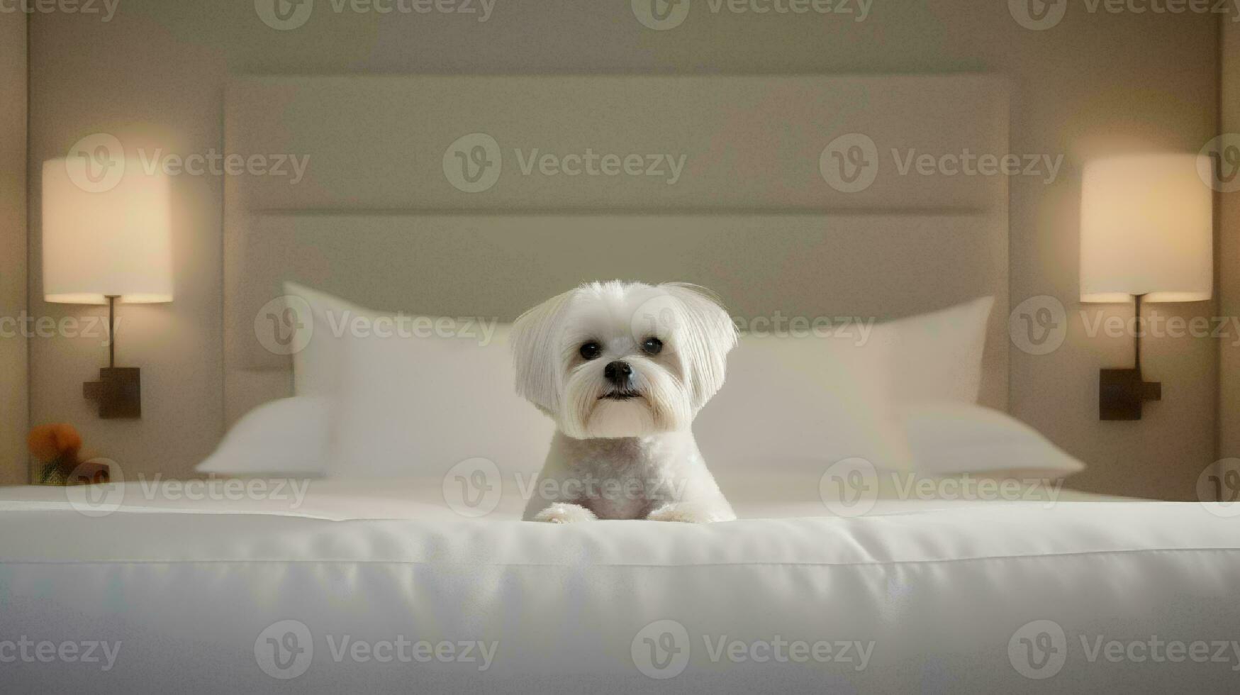 Maltese dog lying on bed in hotel with contemporary interior design. Generative AI photo