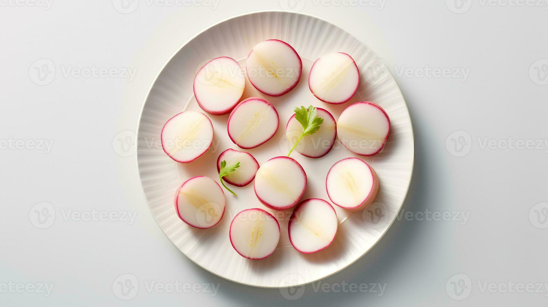 Photo of Turnips sliced pieces on minimalist plate isolated on white background