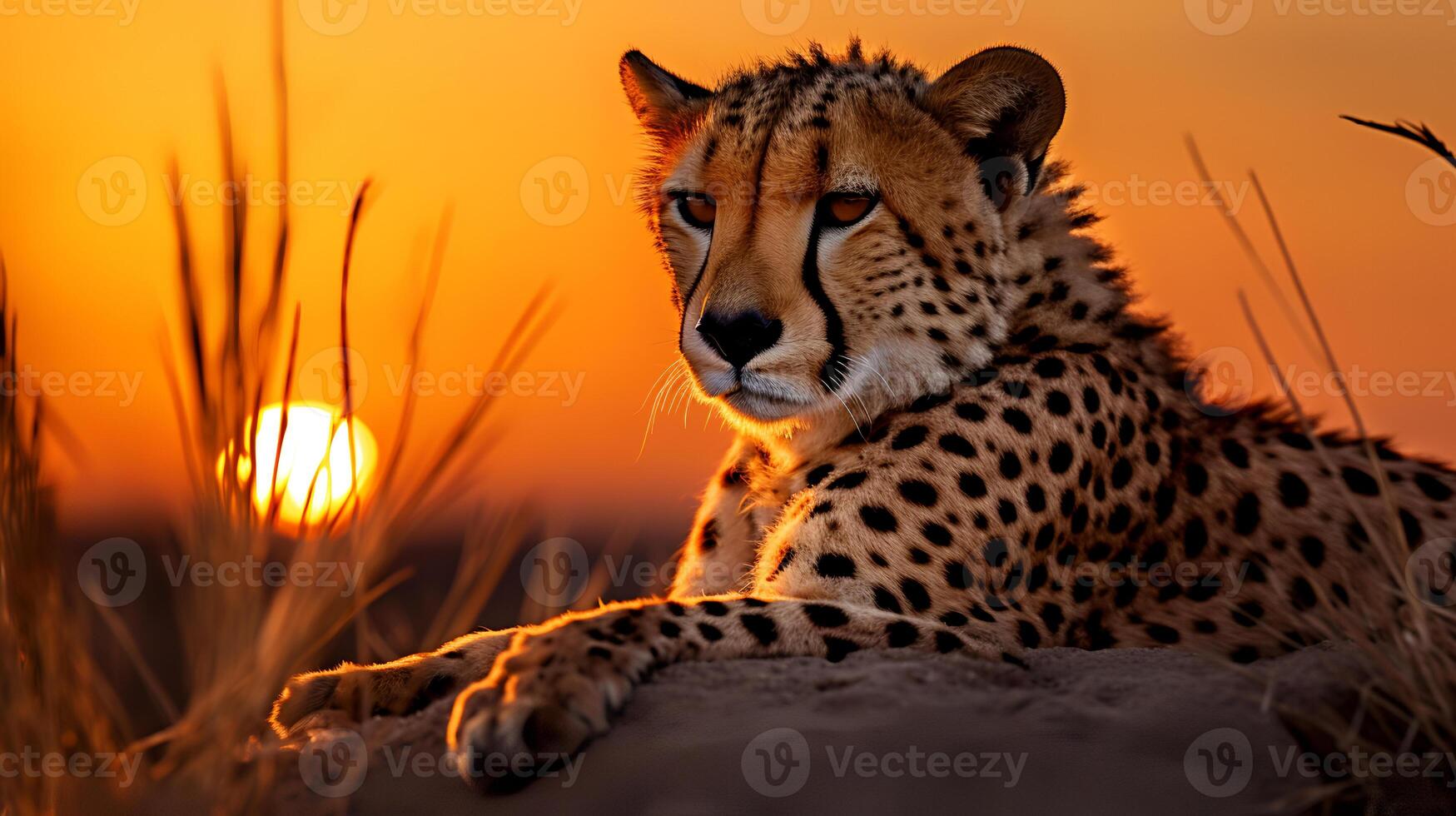 foto de leopardo en sabana a puesta de sol. generativo ai