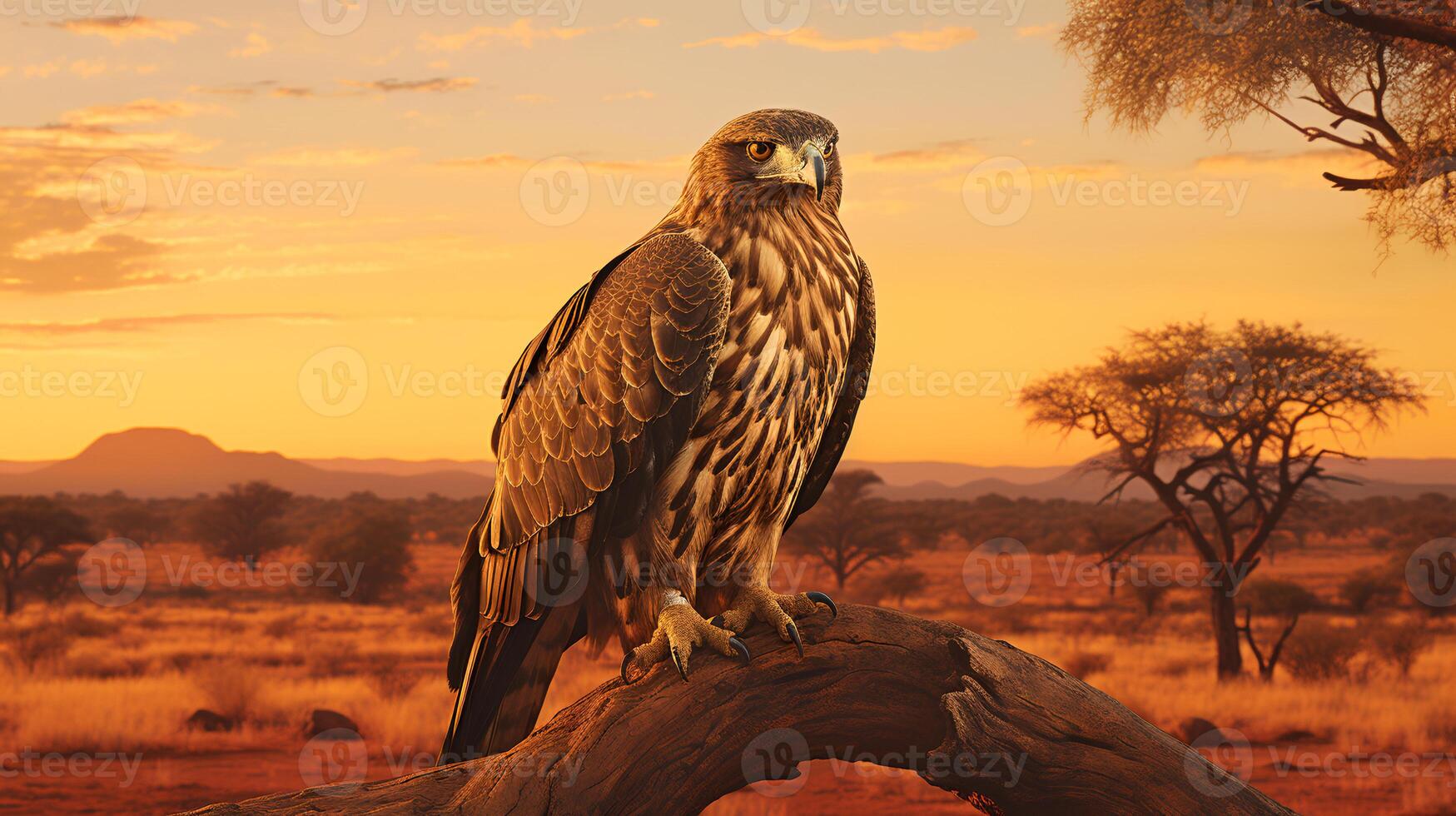 Photo of Martial Eagle on savanna at sunset.