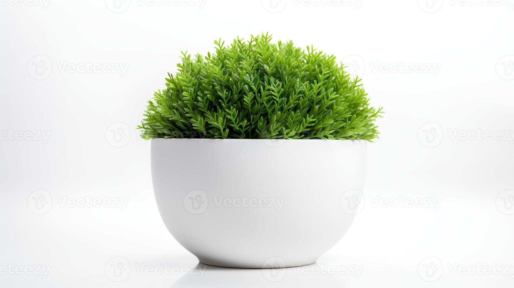 Photo of Java Moss in minimalist pot as houseplant for home decoration isolated on white background.