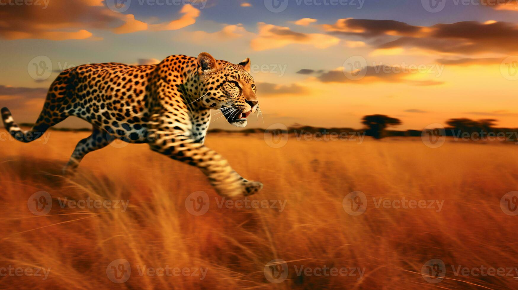 Photo of jaguar on savanna at sunset. Generative AI
