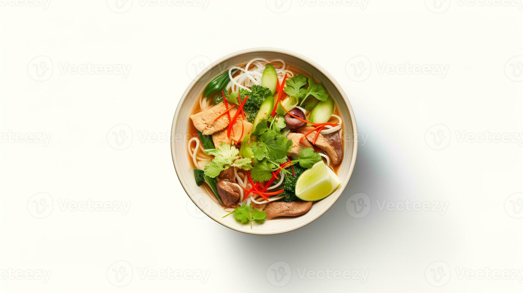 Food photography of pho on bowl isolated on white background. Generative AI photo