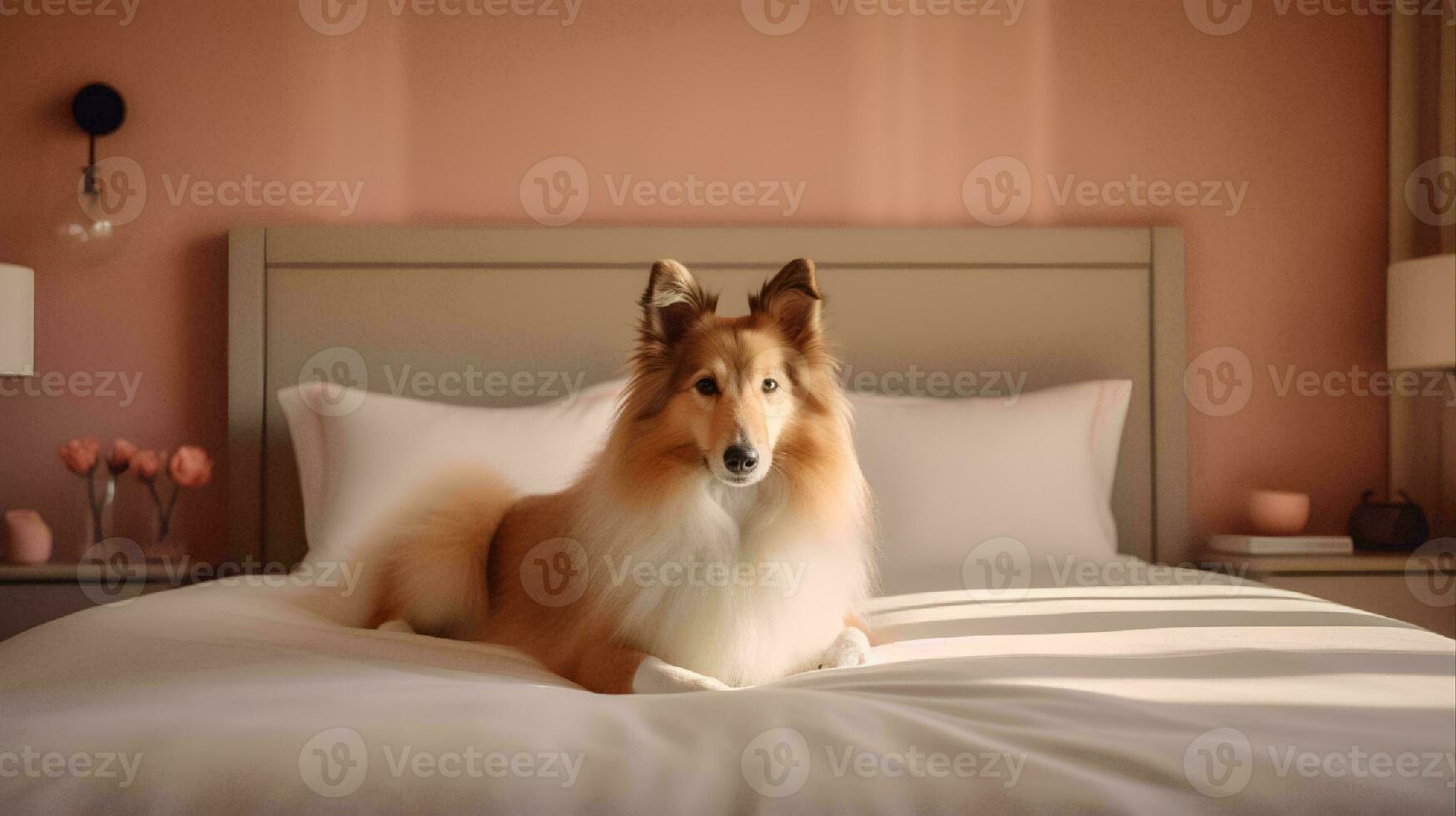 Rough collie dog lying on bed in hotel with contemporary interior design. Generative AI photo