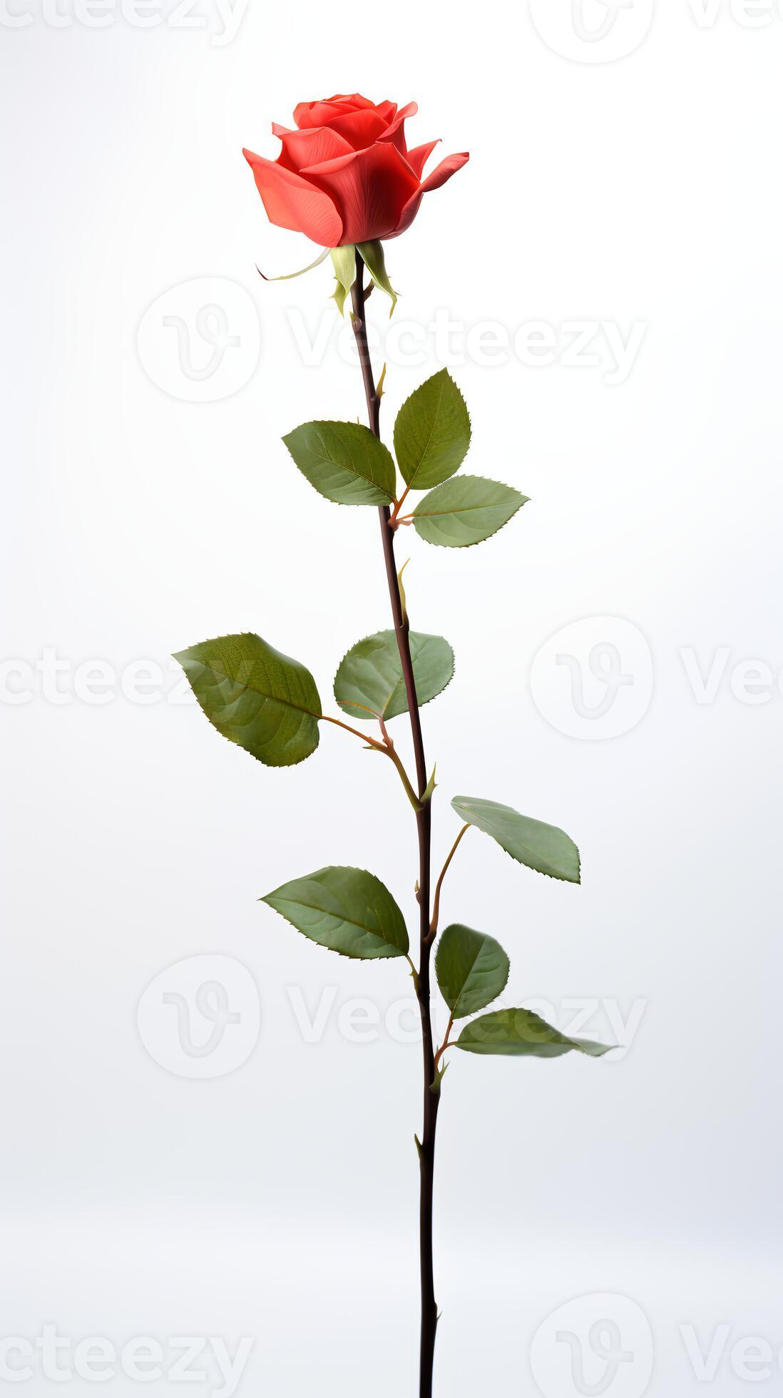 Photo of one stalk of rose flower isolated on white background