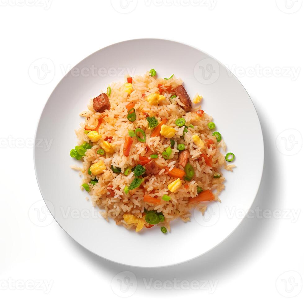 Photo of Fried Rice on plate  isolated on white background. Created by Generative AI