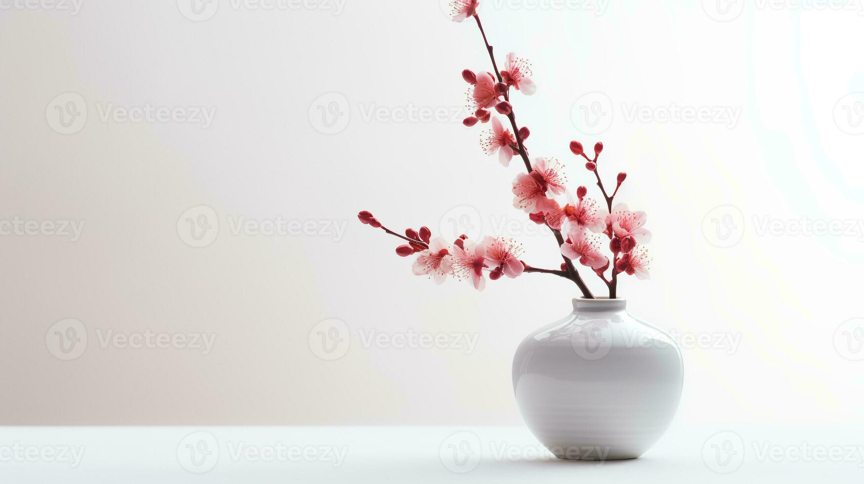 Photo of plum blossom in minimalist pot as houseplant for home decoration on white table on bright background. Generative AI