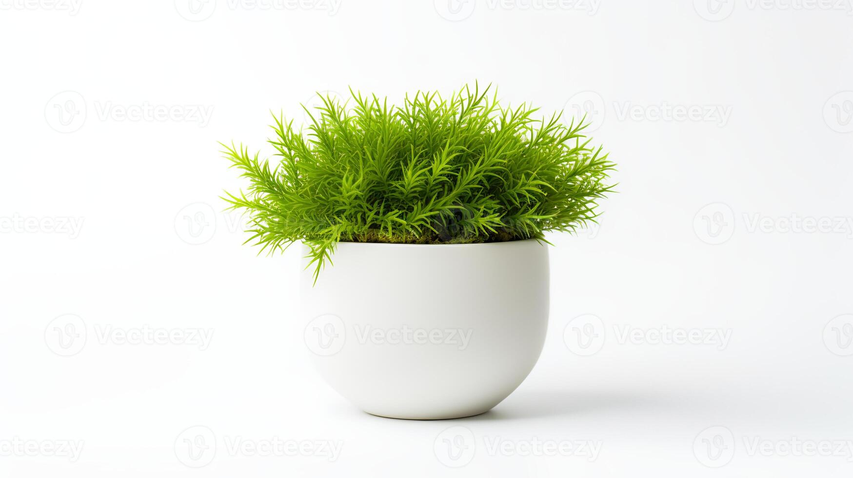 Photo of Java Moss in minimalist pot as houseplant for home decoration isolated on white background.