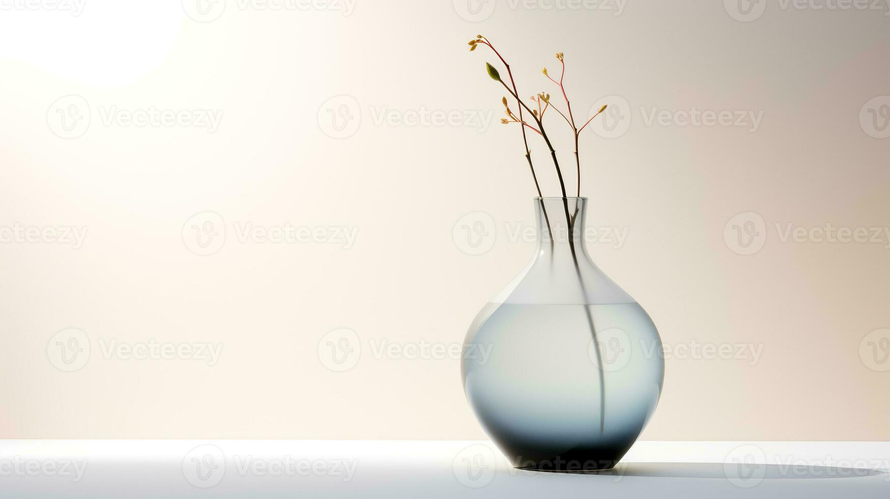 Photo of one stem plant in minimalist transparent vase as houseplant for home decoration on warm color background. Generative AI