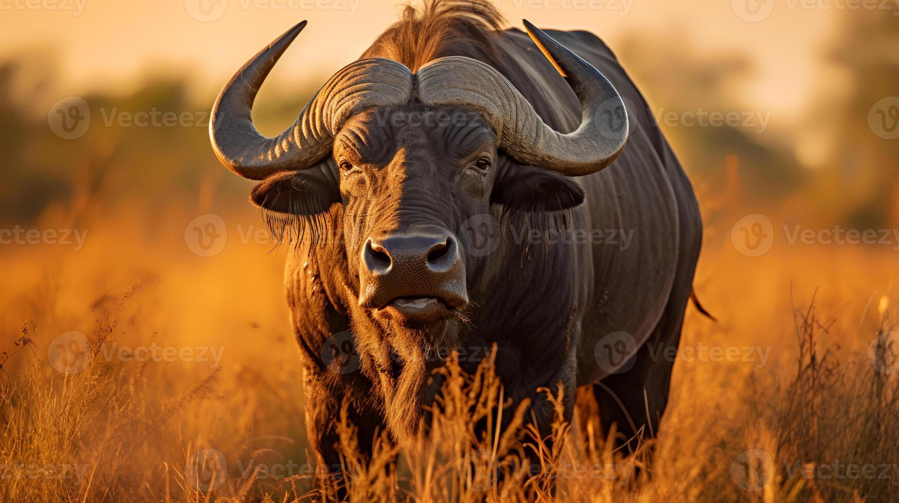 Photo of Buffalo on savanna at sunset. Generative AI