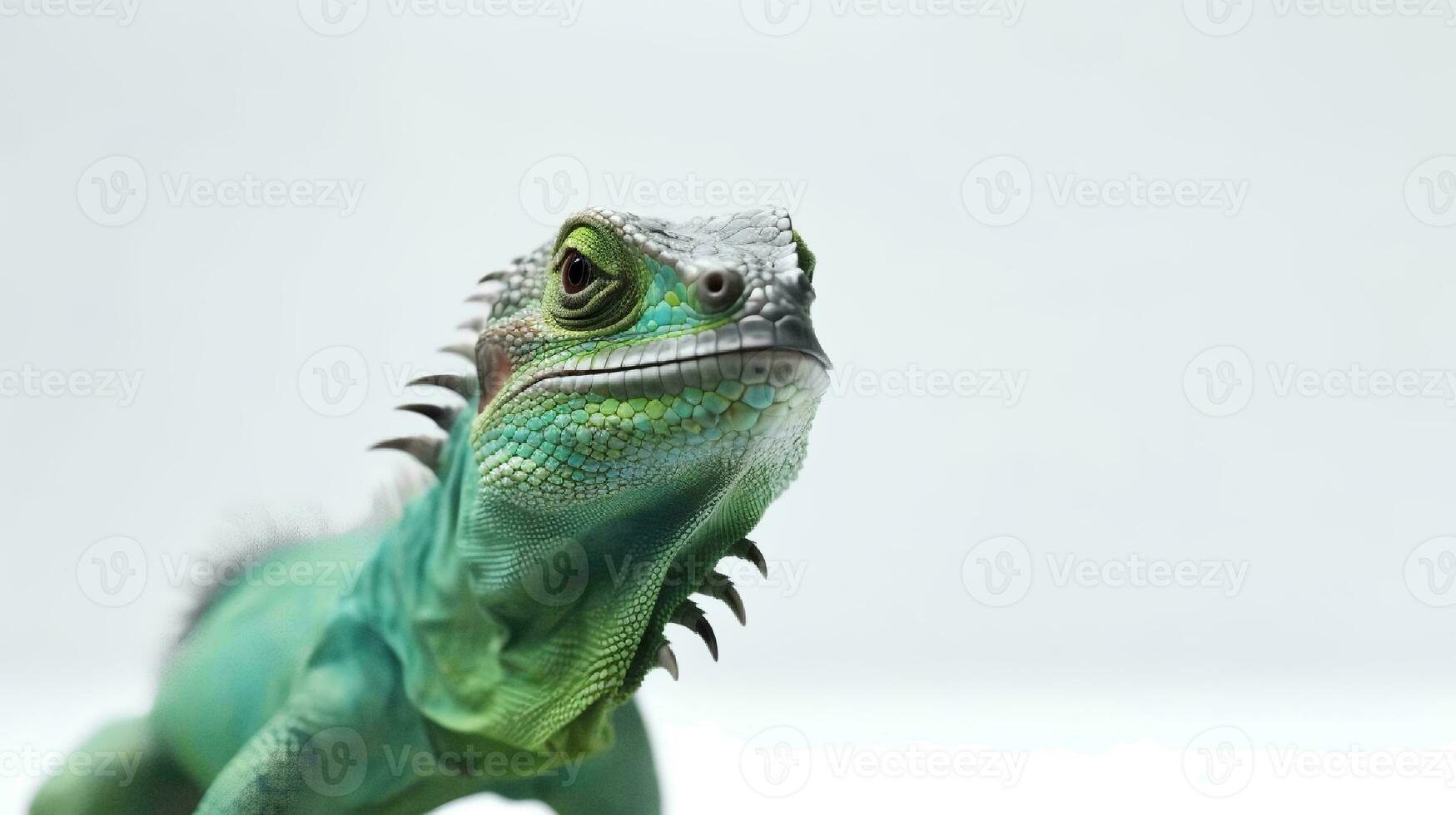 Photo of a green iguana on white background. Generative AI