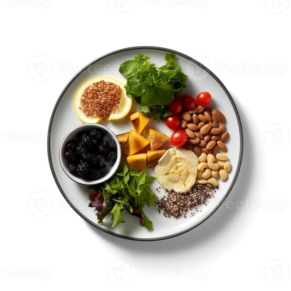 Food photography of raw food on plate isolated on white background. Generative AI photo