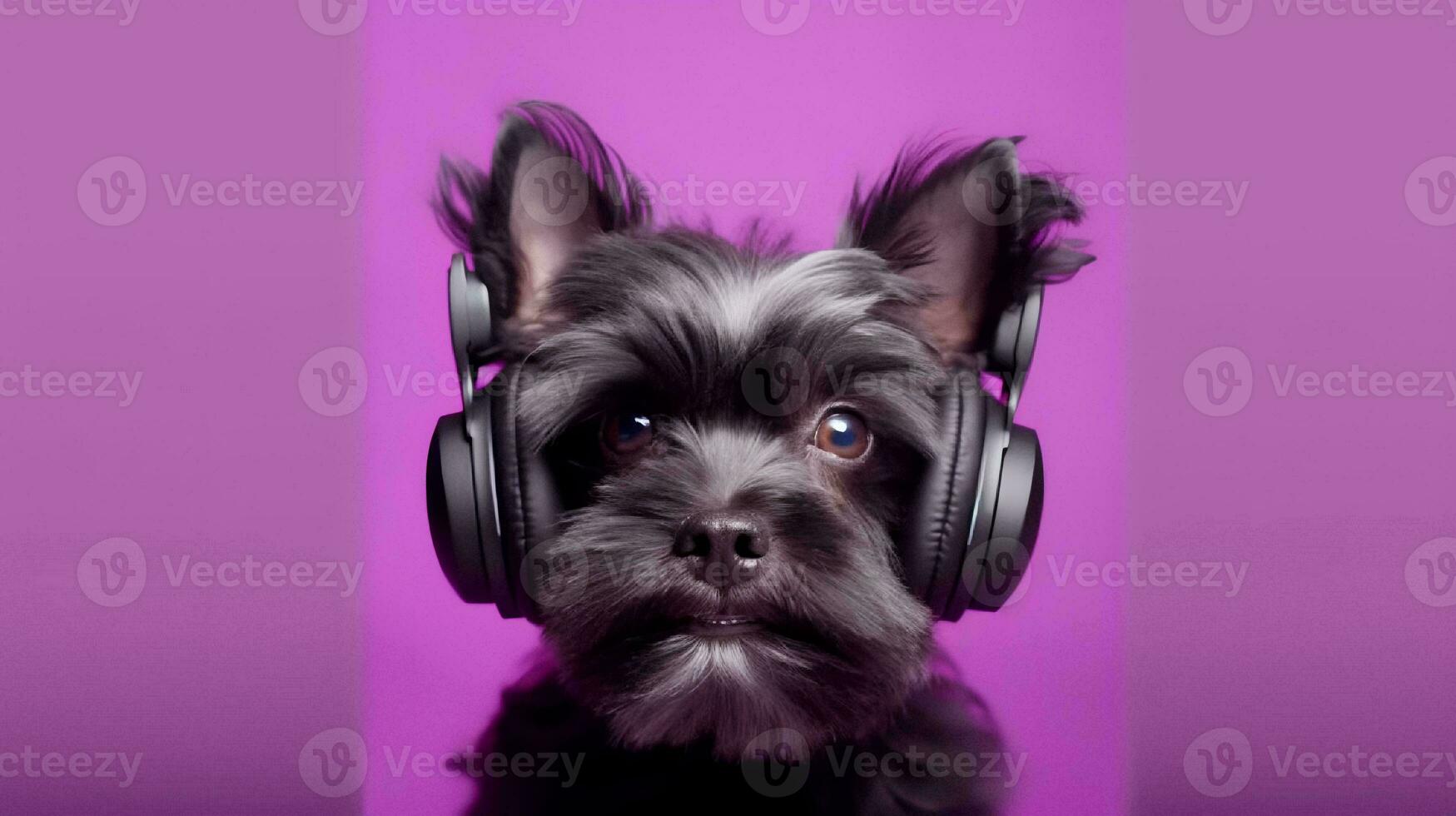 Photo of Affenpinscher using headphone  on purple background. Generative AI