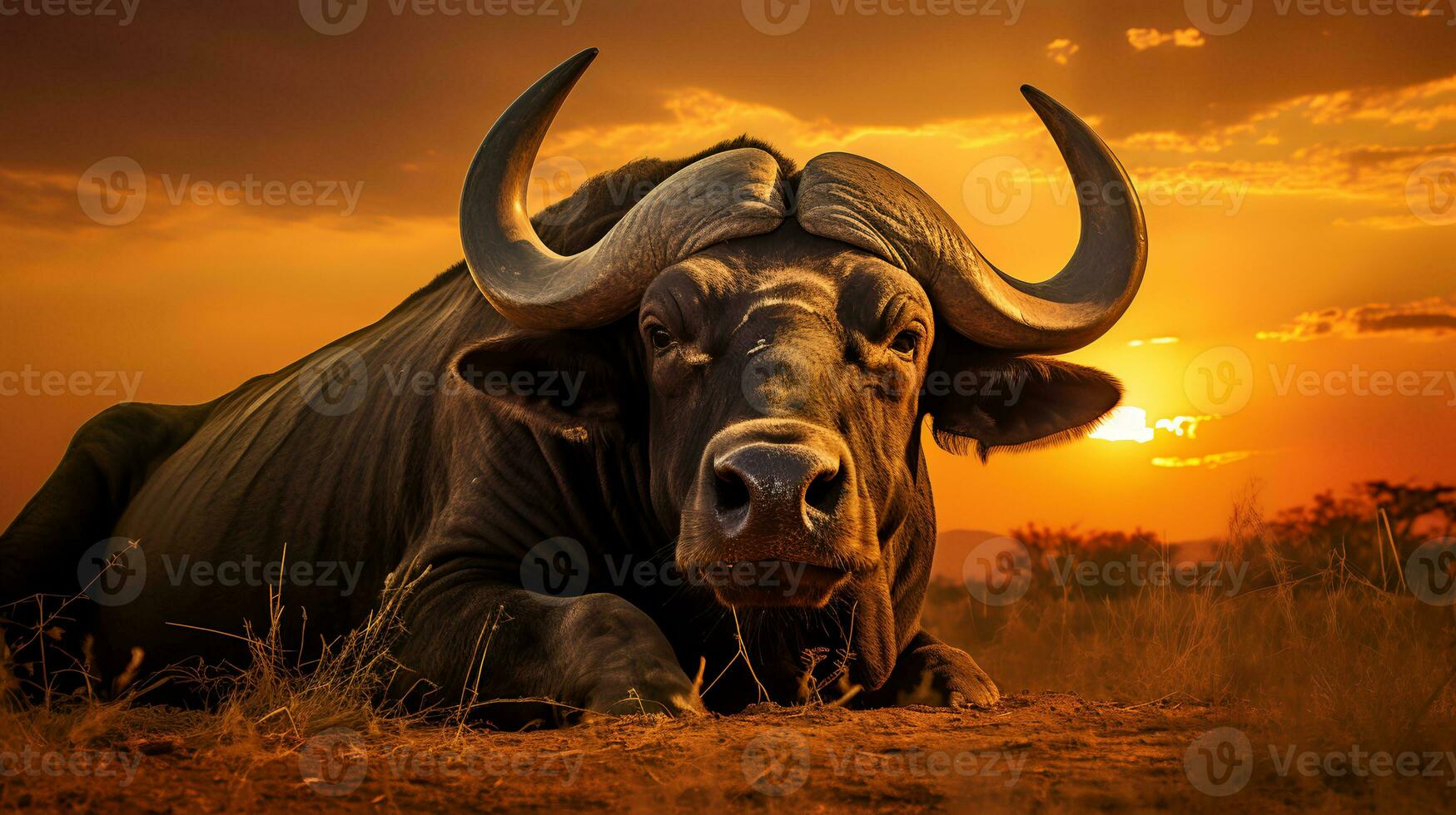 Photo of african buffalow on savanna at sunset. Generative AI