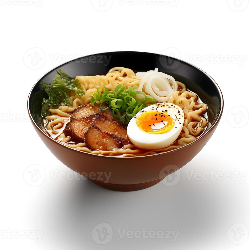 Food photography of Ramen on brown bowl isolated on white background. Generative AI photo