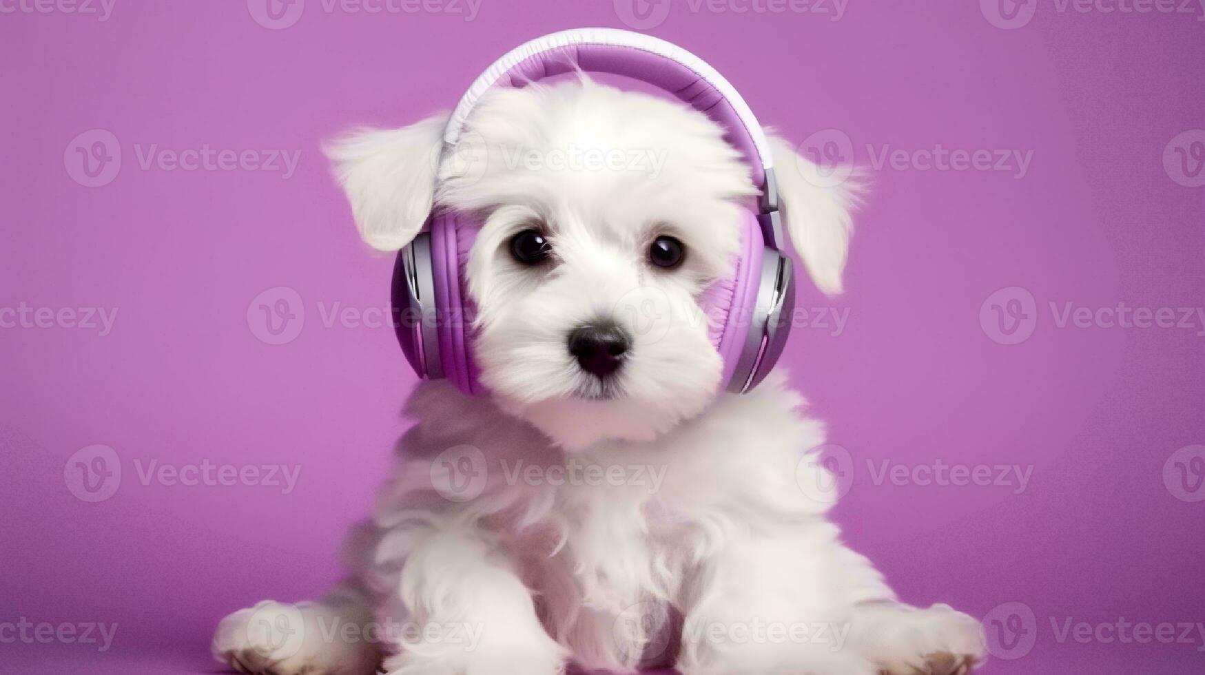 foto de un bichón fisarse perro utilizando auricular en blanco antecedentes. generativo ai