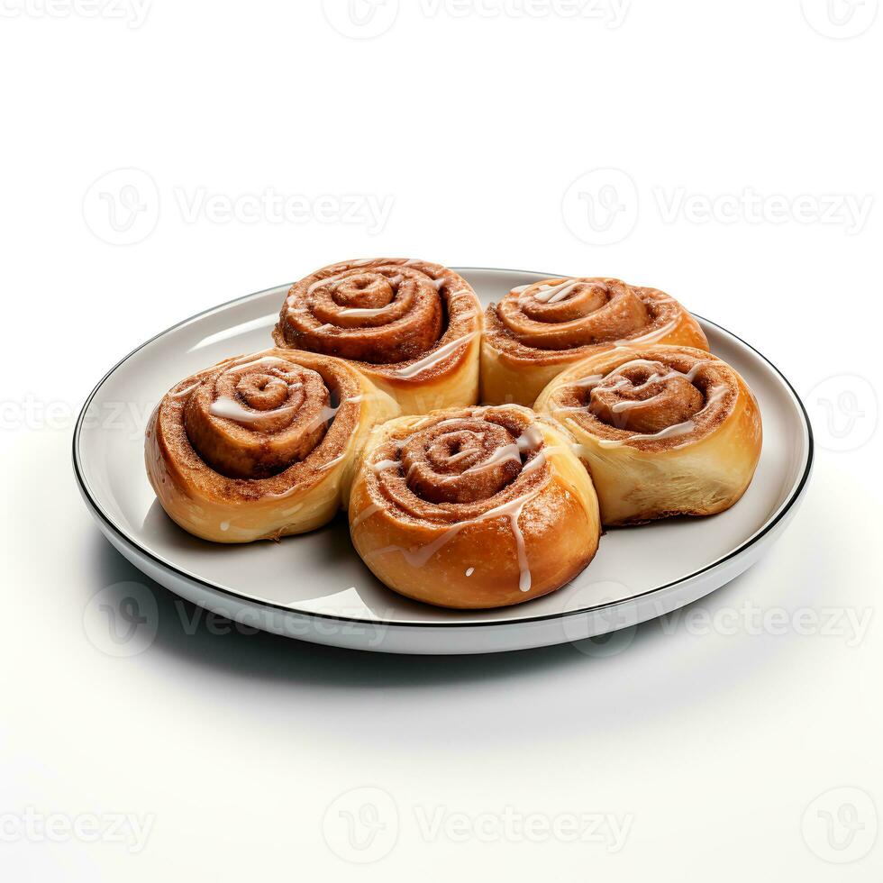 Photo of cinnamon rolls on plate isolated on white background. Created by Generative AI