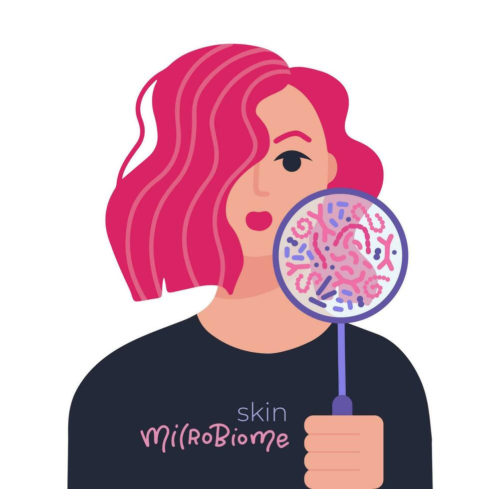 Balanced face microbiome. Normal flora of the skin and mucous membranes. Probiotics, Lactic acid bacteria collection. Good bacteria and microorganisms for gut and intestinal flora health. Flat vector
