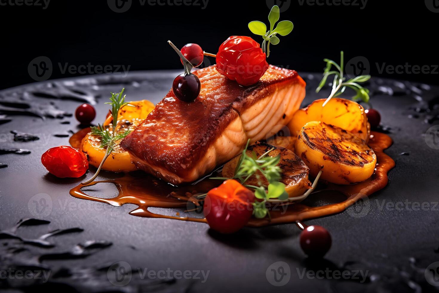 Roasted salmon with vegetables, a flavorful and healthy dish. photo