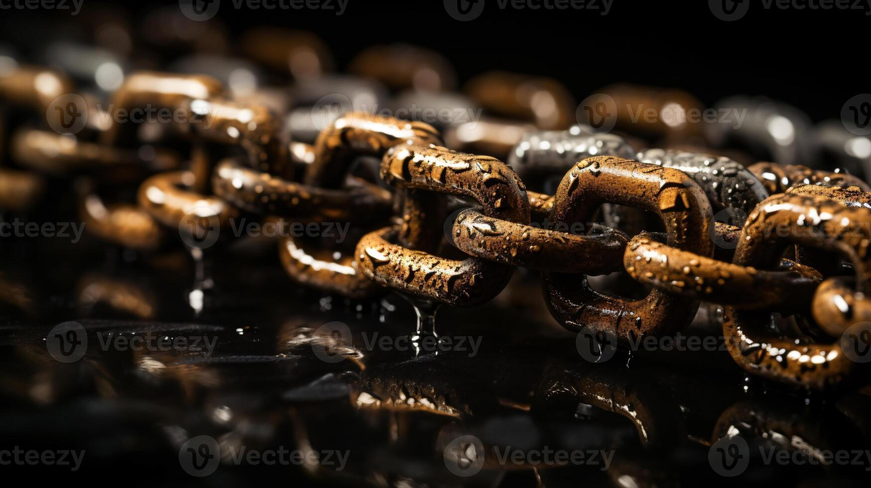 cerca arriba de un metal cadena. cadena con Enlaces. un antecedentes con un pesado metal cadena. ai generativo foto