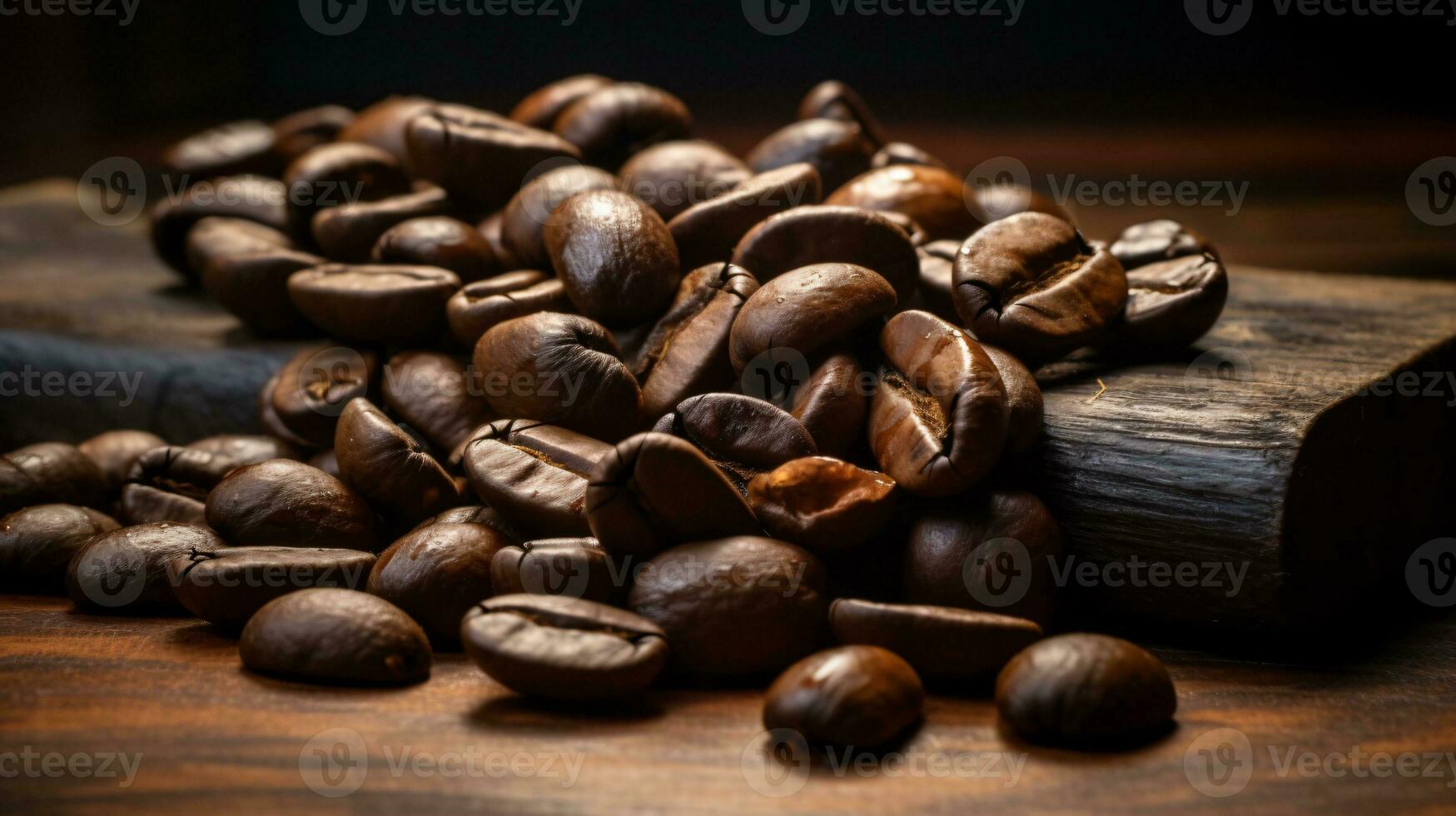 Roasted coffee beans on wood table. AI Generative photo