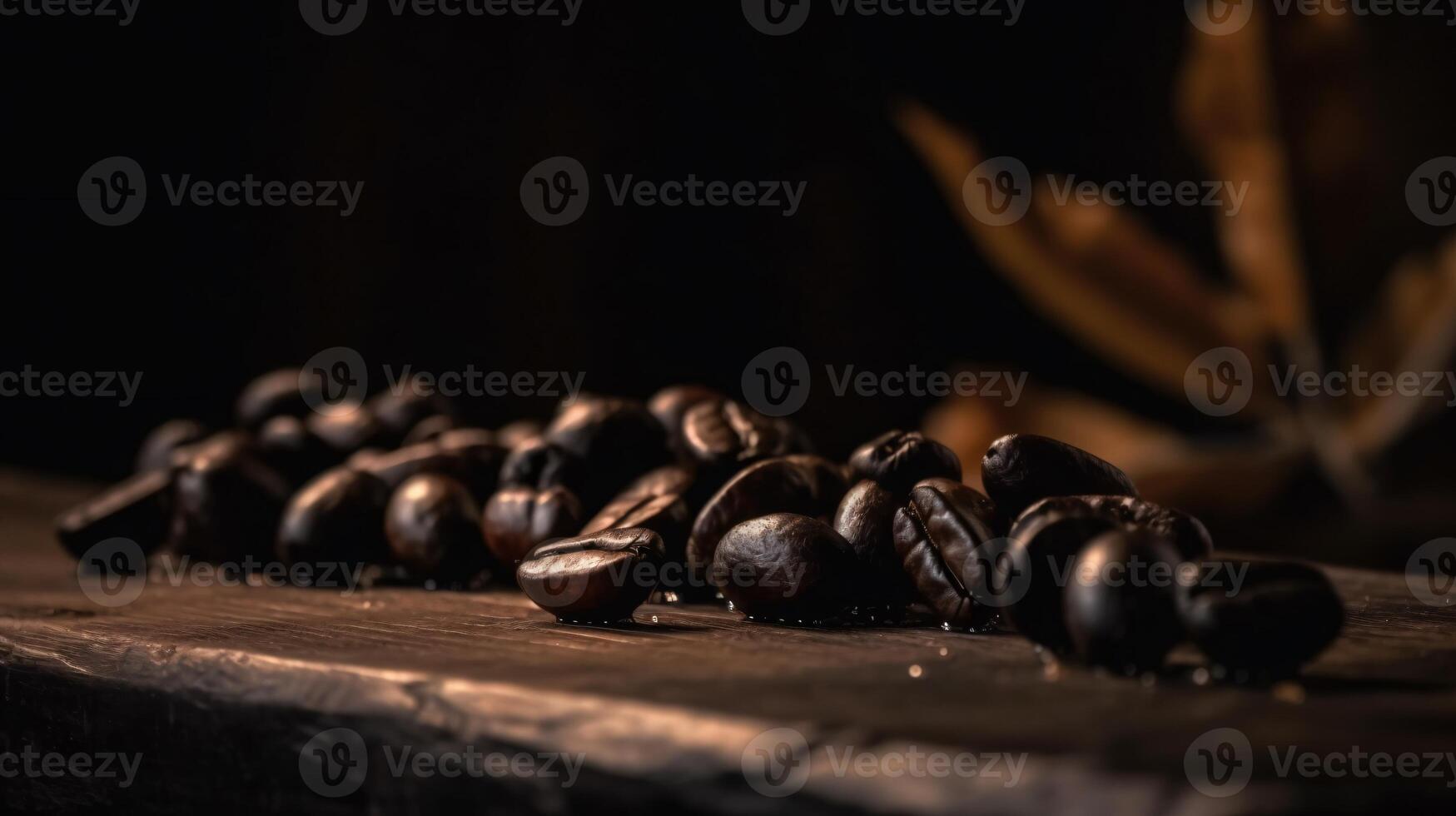 Roasted coffee beans on wood table. AI Generative photo