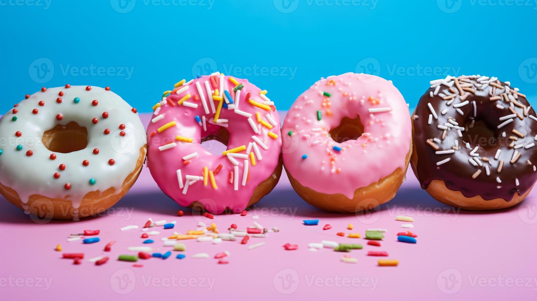 assorted donuts with chocolate frosted, pink glazed and sprinkles