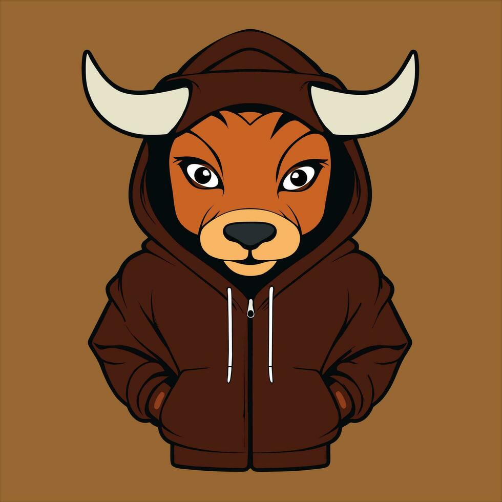 Cute bull mascot wearing a jacket hoodie. Cartoon vector icon. Flat Cartoon Style.