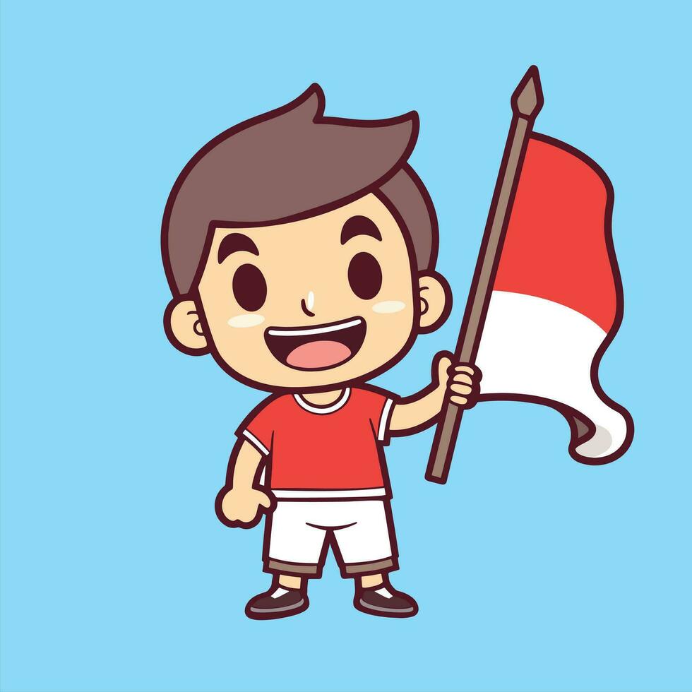 celebrar Indonesia independencia día con un linda chico participación el indonesio bandera. vector dibujos animados ilustración para 17 agosto concepto diseño.