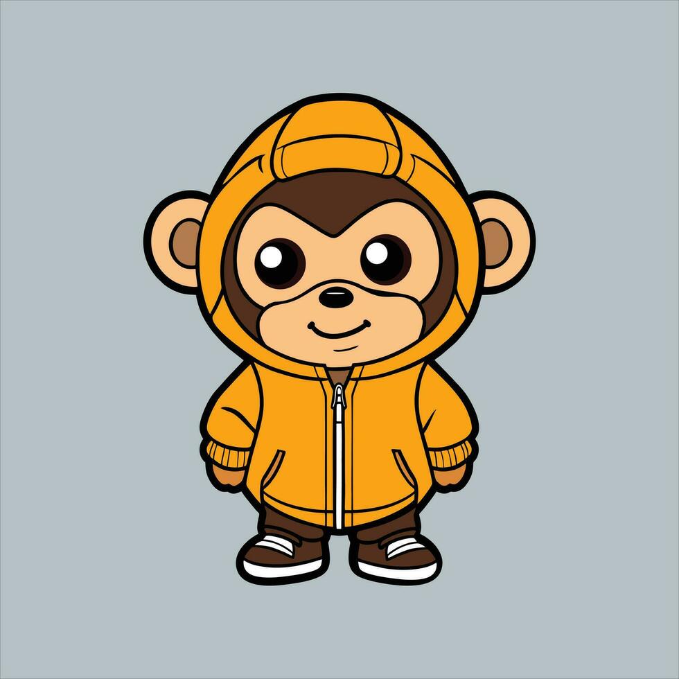 Cute monkey mascot wearing a jacket. Cartoon vector icon. Flat Cartoon Style.