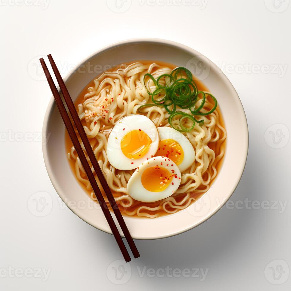 Food photography of Ramen on white bowl isolated on white background. Generative AI photo