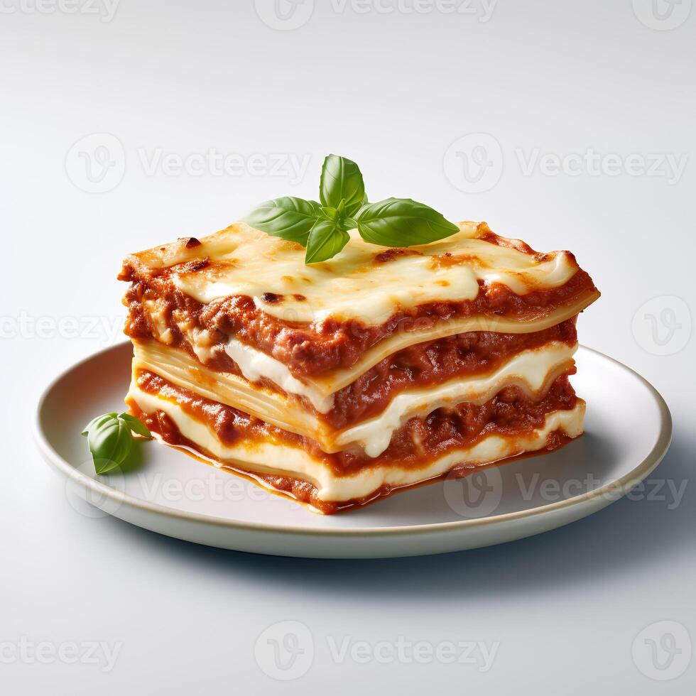 Food photography of Lasagna on plate isolated on white background. Generative AI photo