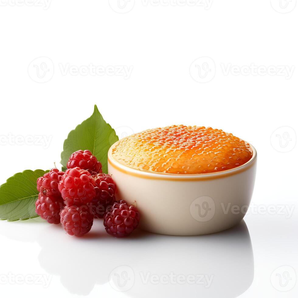 Photo of Creme Brulee with berries isolated on white background. Created by Generative AI