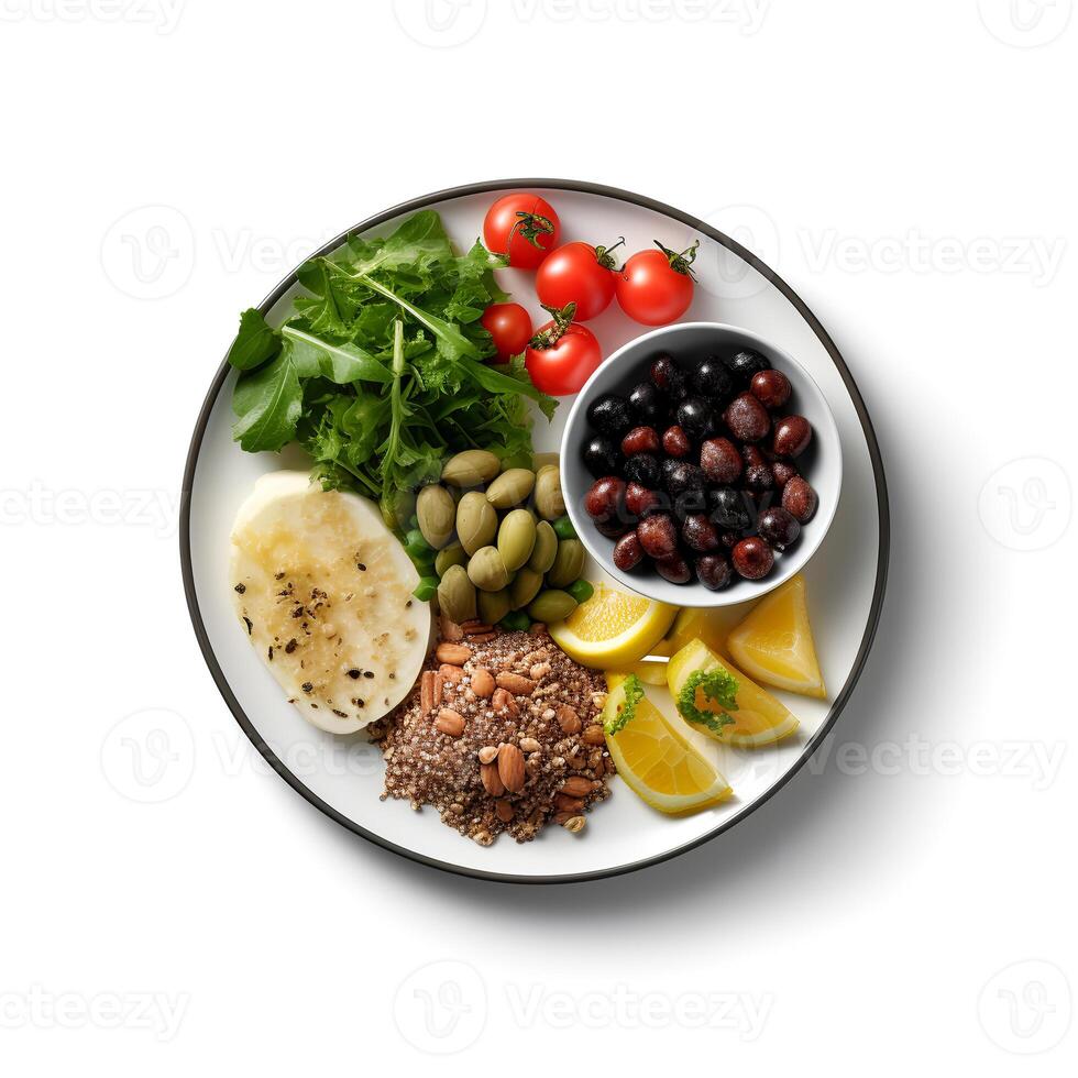 Food photography of raw food on plate isolated on white background. photo