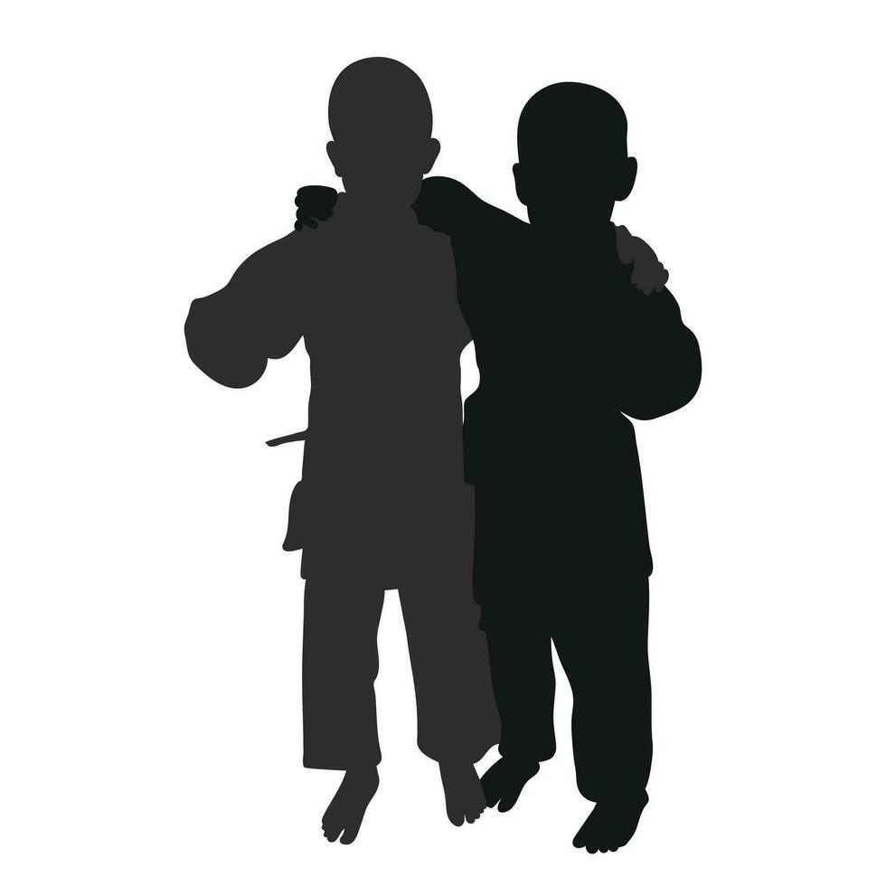 Silhouette image of children of judoists, judoka. Judo, martial art, sportsmanship, wrestling, duel, grappling, combating, fighting, struggle vector