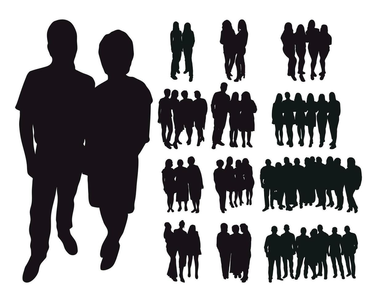 Crowd silhouette image, group of hugging people. The concept of hugs of relatives, warm meeting vector