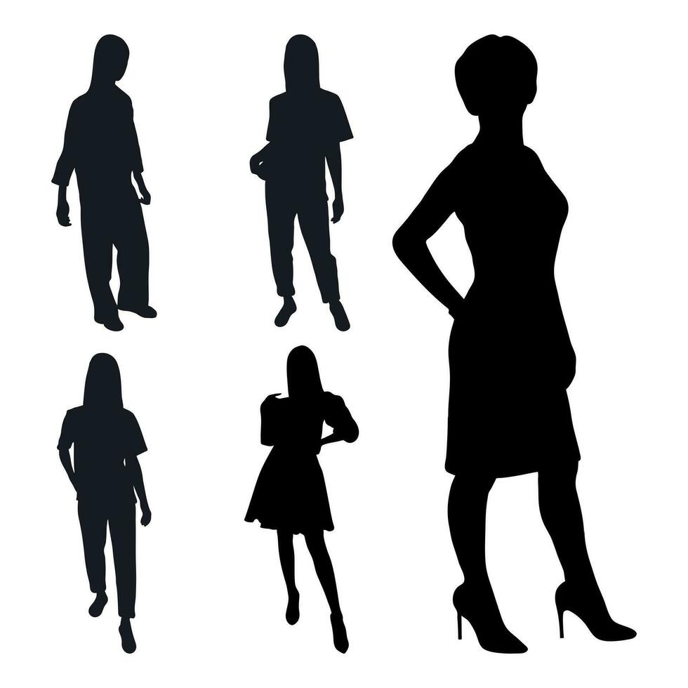 Image of a black silhouette of a dancing girl in a festive weekend dress. Fashion show vector