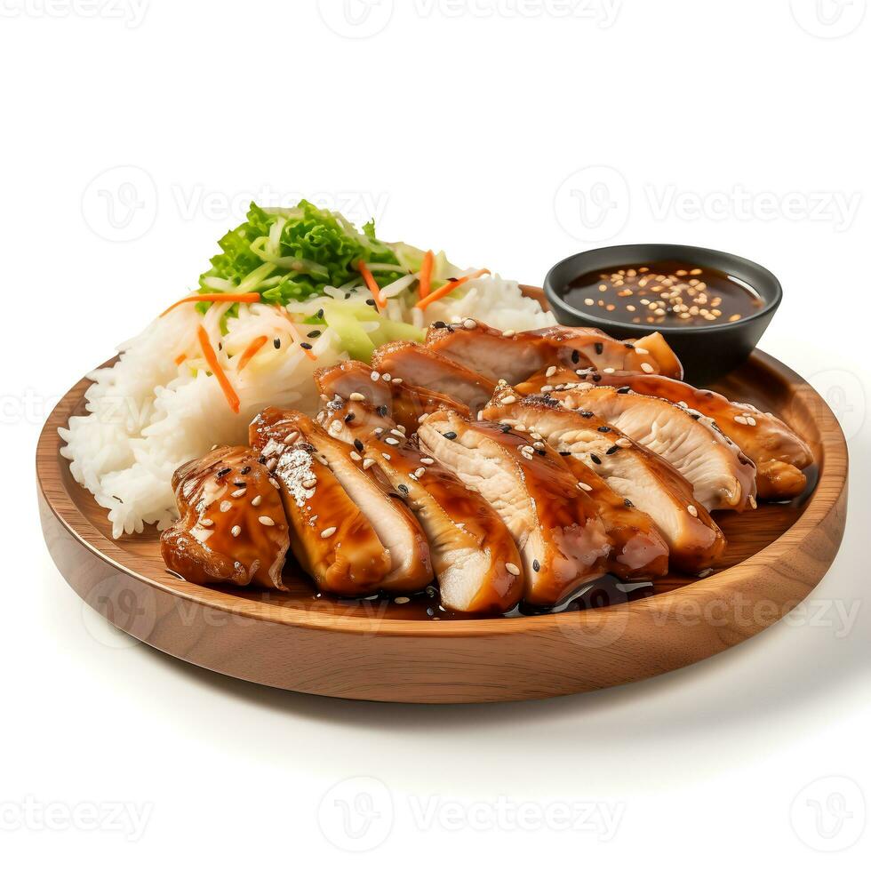 comida fotografía de teriyaki pollo en plato aislado en blanco antecedentes. generativo ai foto