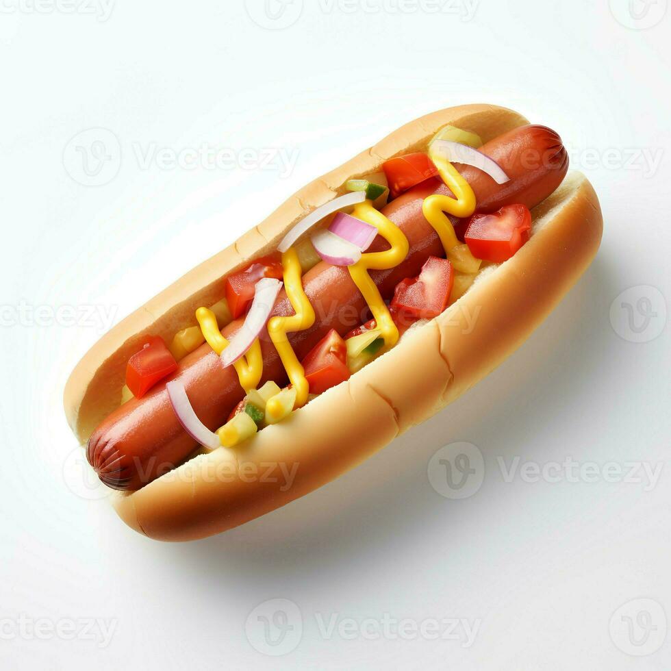Photo of hot dog on plate isolated on white background. Created by Generative AI