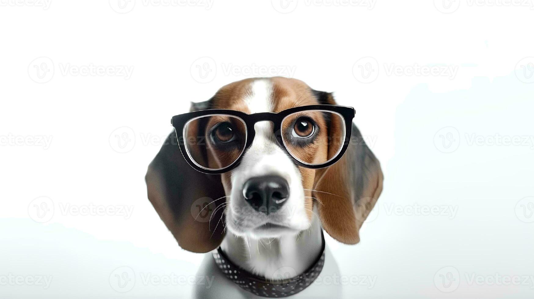 foto de arrogante beagle utilizando lentes y oficina traje en blanco antecedentes. generativo ai