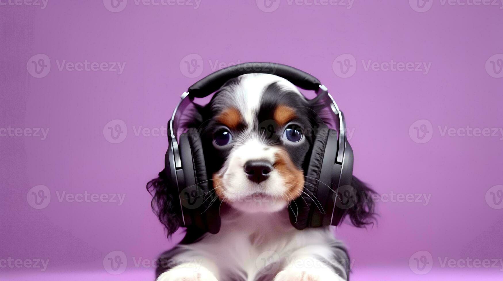 Photo of haughty cavalier using headphone  and office suit on white background. Generative AI