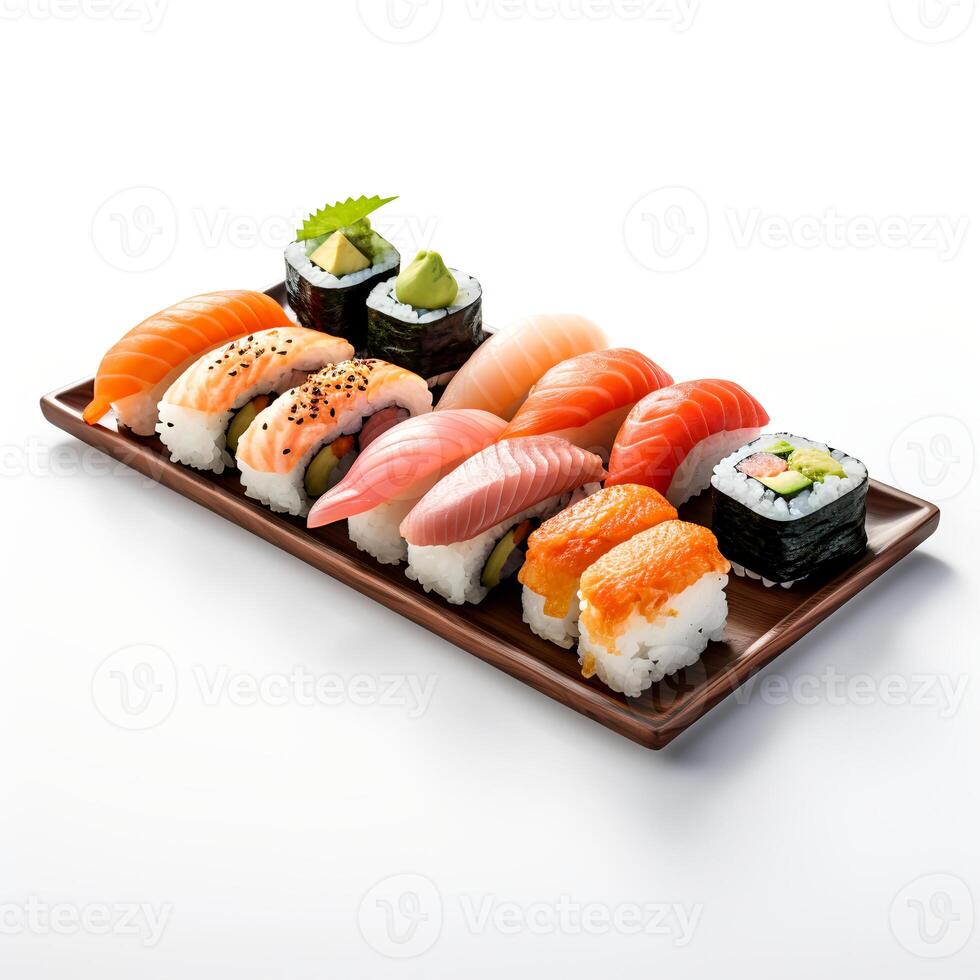 Food photography of Sushi on board isolated on white background. Generative AI photo