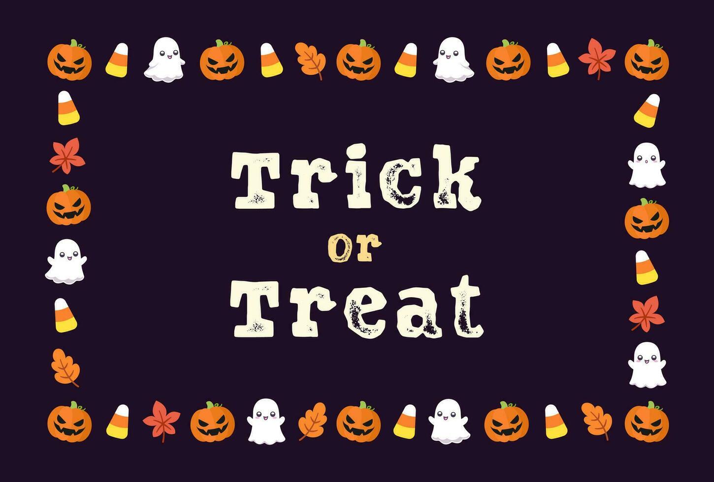 Cute Trick or Treat Halloween card frame template. Rectangle Halloween border design with cartoon ghost, jack o lantern, pumpkins, candy corn. Social media banner vector illustration