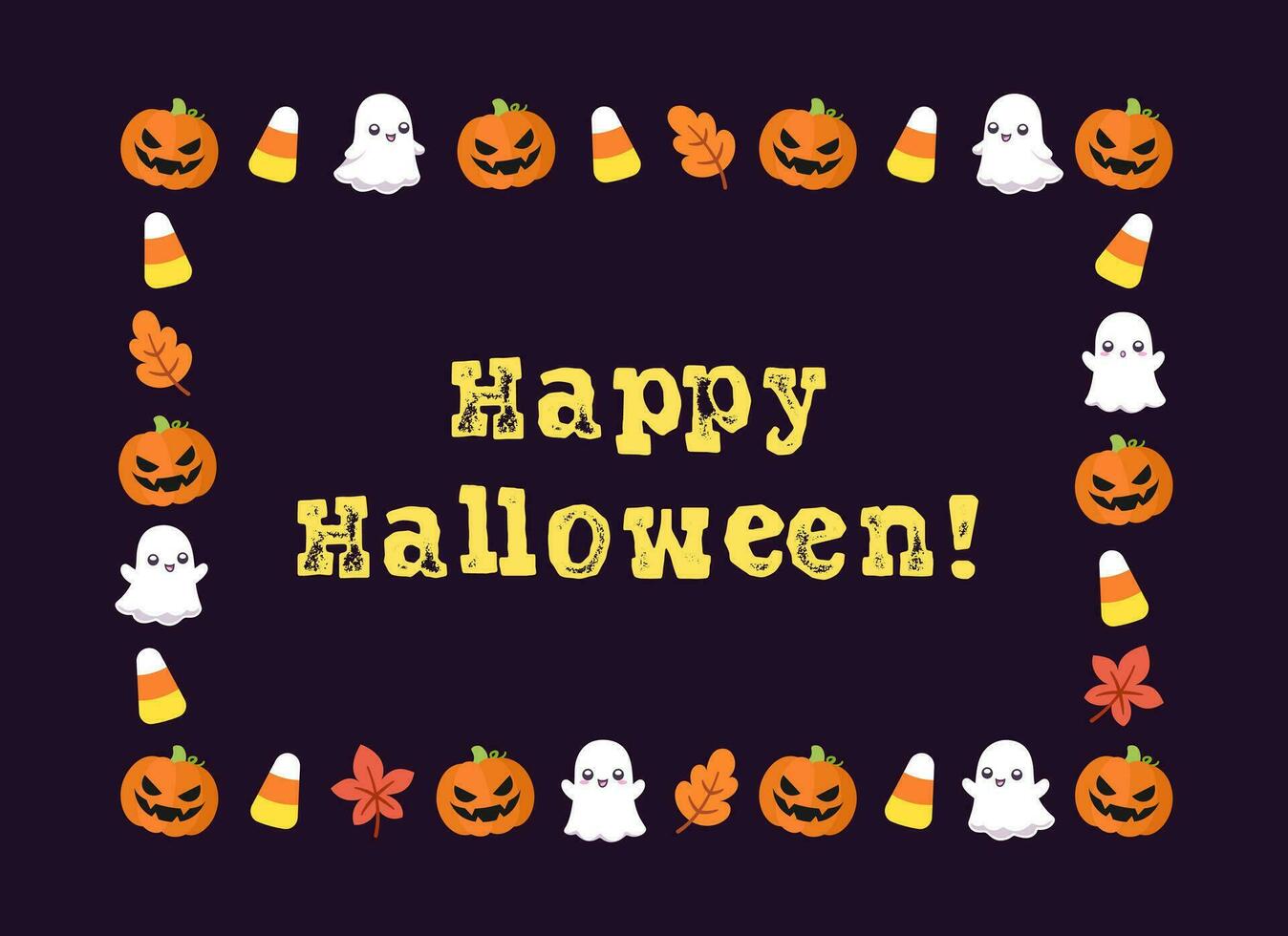 Cute Halloween card frame template. Rectangle Halloween border design with cartoon ghost, jack o lantern, pumpkins, candy corn. Social media banner vector illustration