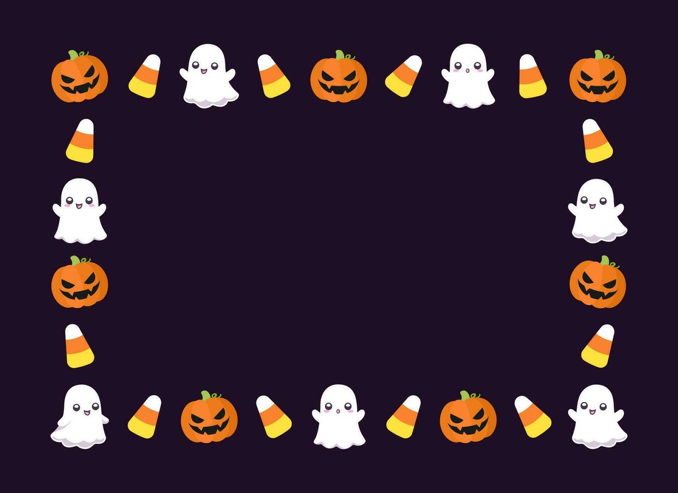 Cute Rectangle Halloween Frame Template. Rectangular Halloween border with cartoon ghost, jack o lantern, pumpkins, candy corn. Social media banner vector illustration