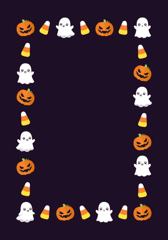 Cute Vertical Rectangle Halloween Frame Template. Rectangular Halloween border with cartoon ghost, jack o lantern, pumpkins, candy corn. Social media banner vector illustration