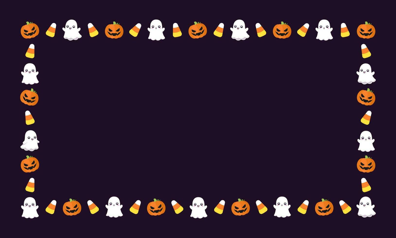 Cute Rectangle Halloween frame template. Rectangular Halloween border with cartoon ghost, jack o lantern, pumpkins, candy corn. Social media banner vector illustration